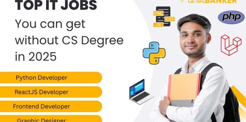 Young Indian student holding notebooks, promoting top IT jobs in 2025 such as Python Developer, ReactJS Developer, Frontend Developer, and Graphic Designer without a CS degree — featured by TalentBanker with icons of programming languages like Python, HTML, CSS, JS, PHP, and Laravel.