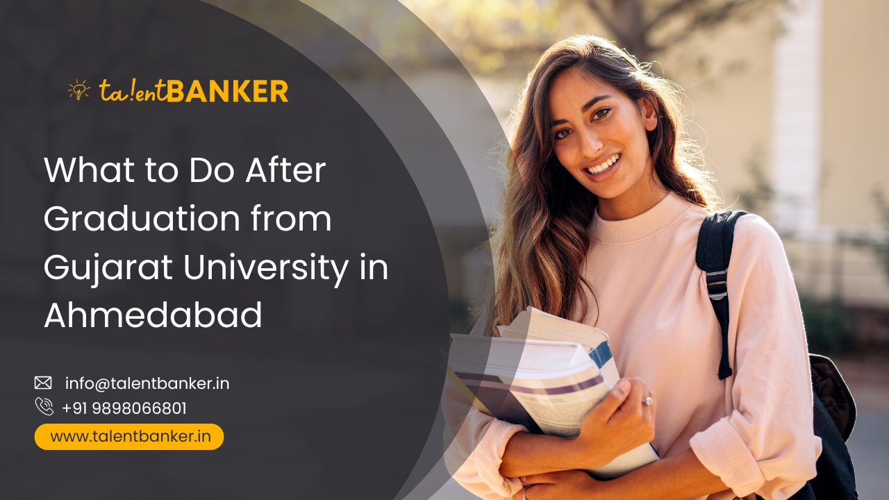 A female Gujarat University graduate smiling with books in hand on the Ahmedabad campus, representing fresh career opportunities after graduation.