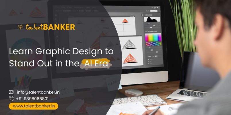 Student learning graphic design on computer with creative tools, showcasing TalentBanker's graphic design course for AI era in Ahmedabad
