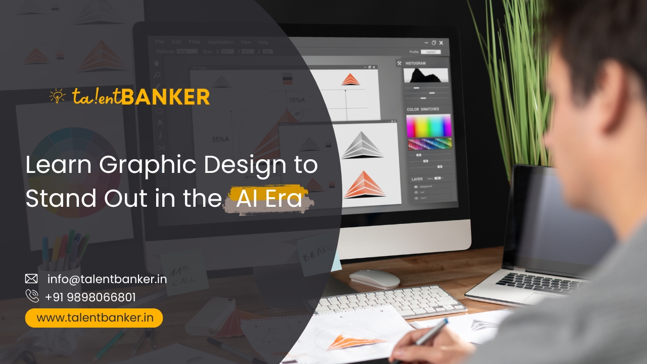 Student learning graphic design on computer with creative tools, showcasing TalentBanker's graphic design course for AI era in Ahmedabad