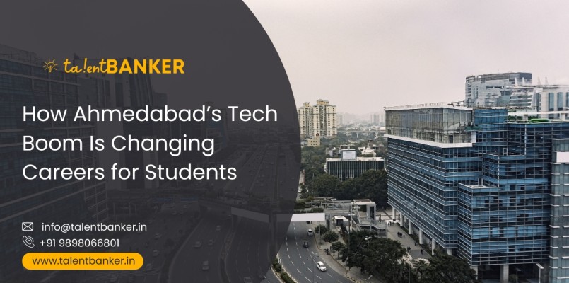 Ahmedabad tech city skyline with highway and modern IT buildings, featured by TalentBanker for blog on tech careers for students