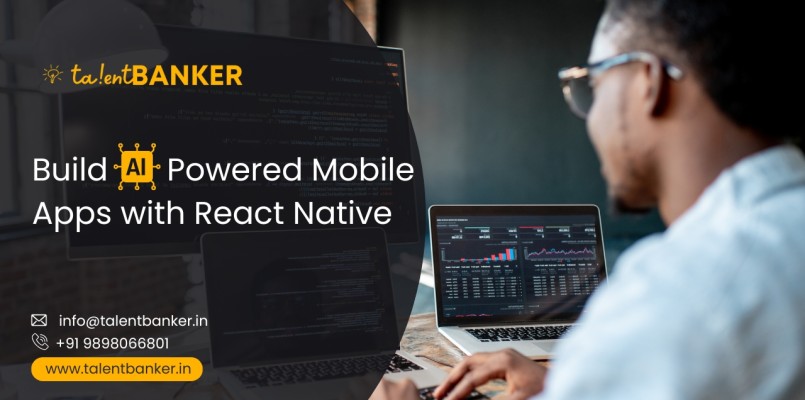 Student working on AI-powered mobile app development using React Native – TalentBanker promotional banner