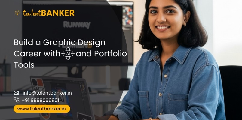 Smiling female student learning graphic design with AI tools at TalentBanker in Ahmedabad, sitting beside a computer showing portfolio software like Runway