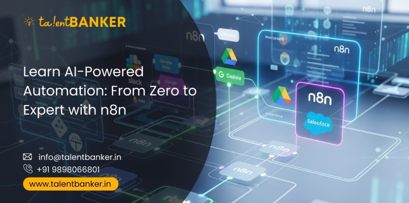 A young professional learning AI-powered automation using n8n, with floating app icons like Slack, Google Drive, Salesforce, and TalentBanker branding in a futuristic tech workspace.