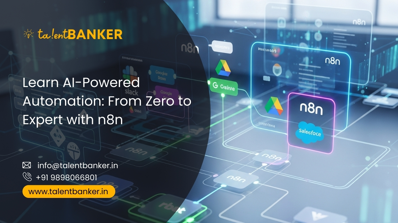 A young professional learning AI-powered automation using n8n, with floating app icons like Slack, Google Drive, Salesforce, and TalentBanker branding in a futuristic tech workspace.