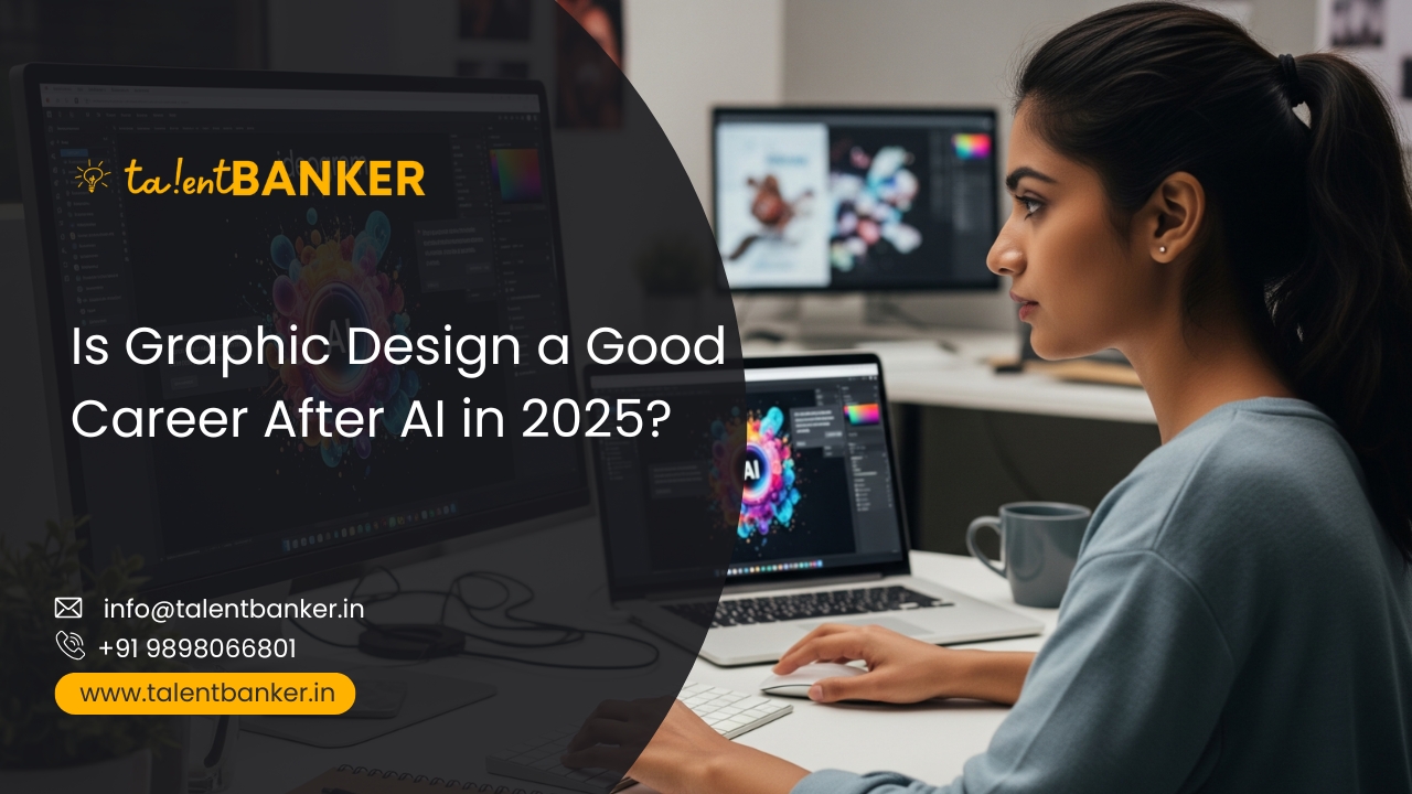 Female student in Ahmedabad learning graphic design on a computer, exploring AI tools in 2025 – TalentBanker career course promotion.