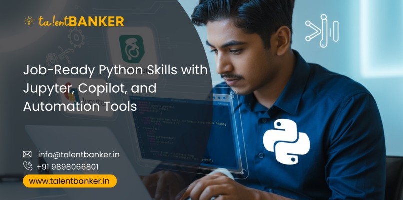 Young student learning Python on laptop with Jupyter, GitHub Copilot, and automation tools – TalentBanker Python Training in Ahmedabad
