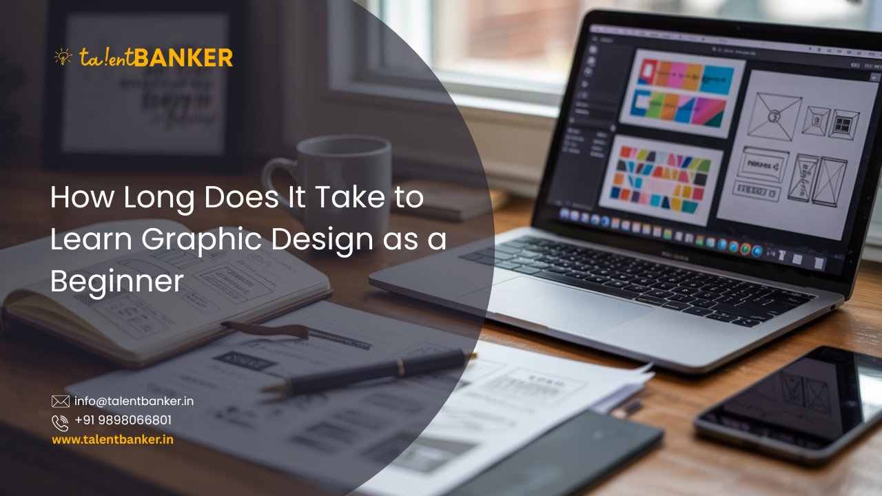 Beginner learning graphic design on a laptop, showing design layouts and sketches in a creative workspace