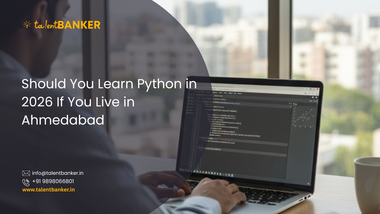 Student learning Python programming on a laptop in Ahmedabad, exploring Python skills and career opportunities in 2026