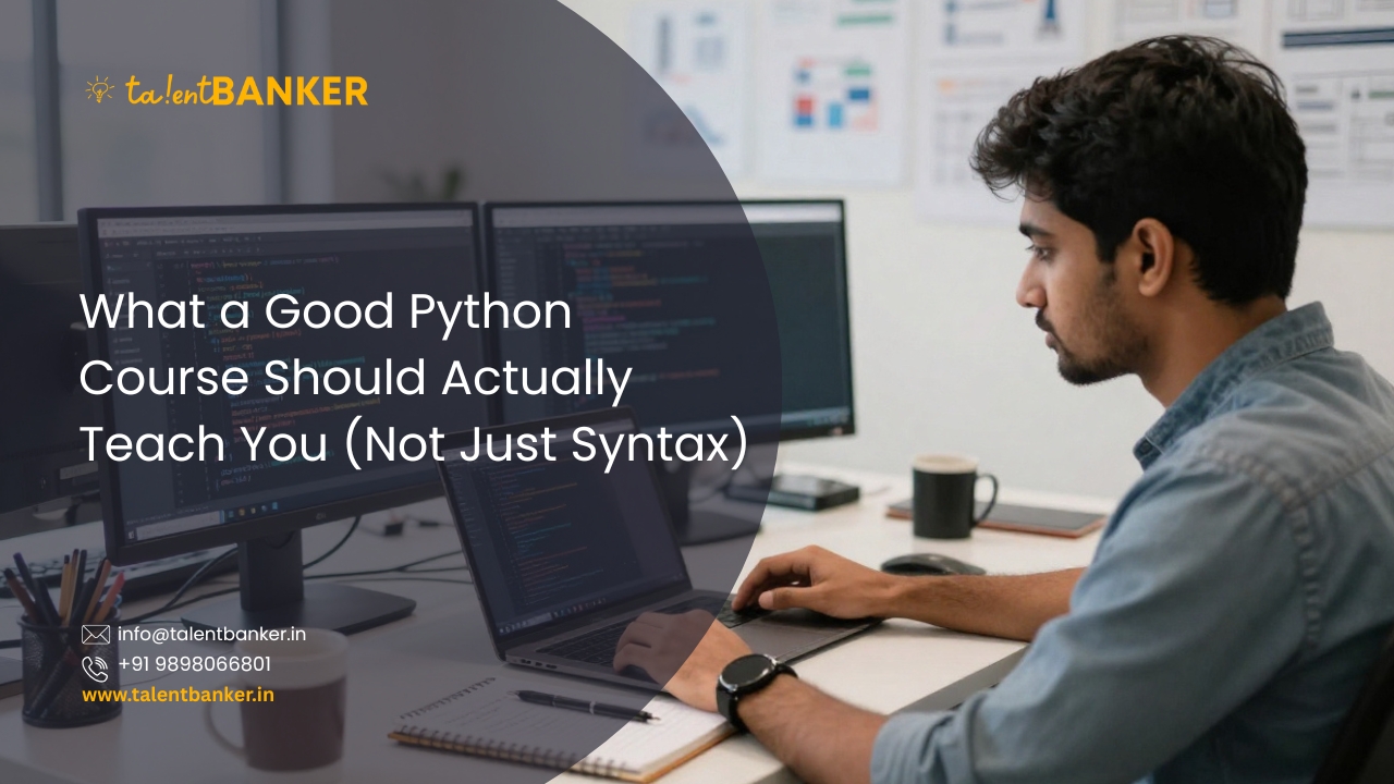 Indian student working on Python programming on a dual-screen setup in a modern learning workspace